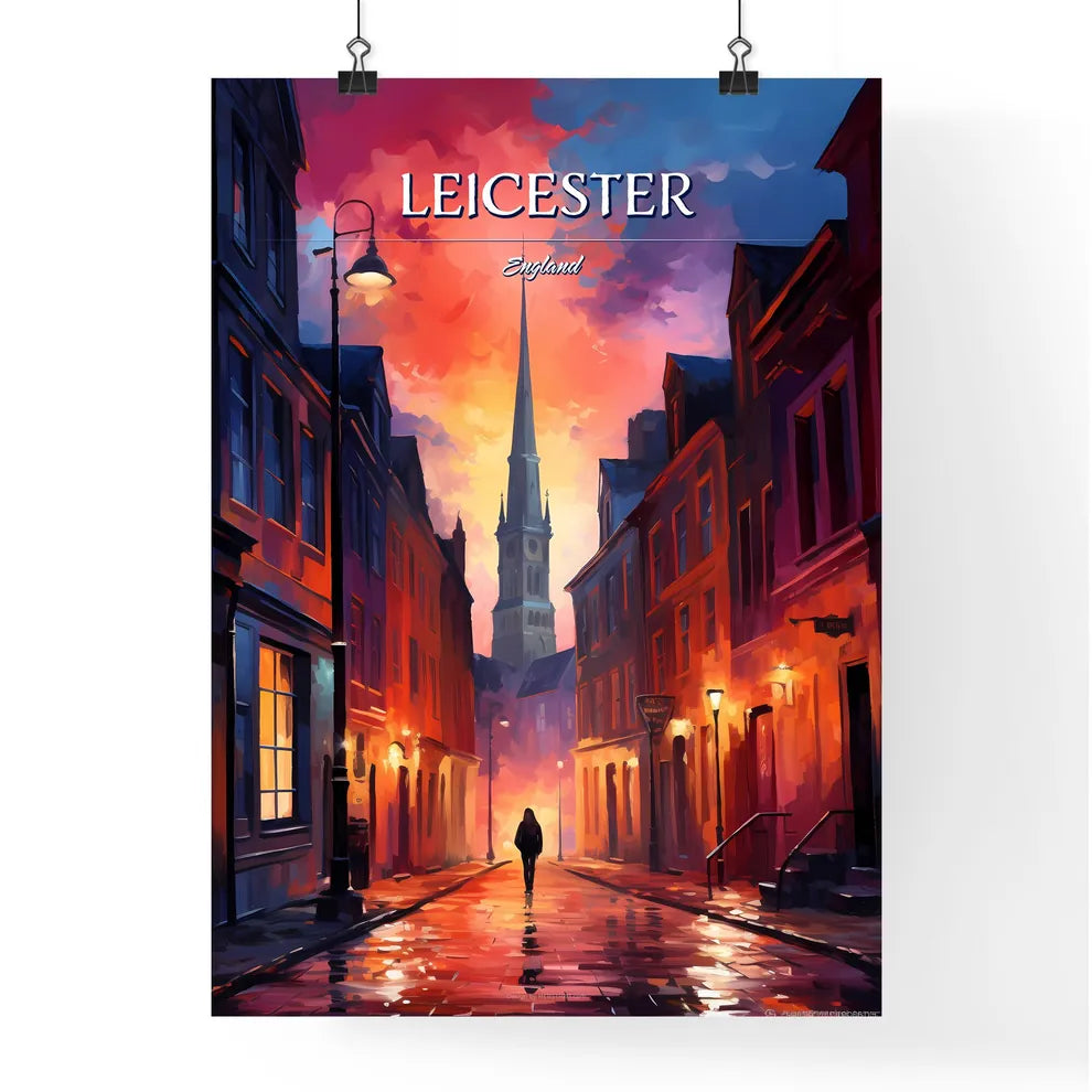 Leicester, England - Art print of a person walking down a street with a tall tower in the background Poster