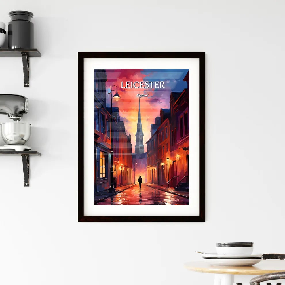 Leicester, England - Art print of a person walking down a street with a tall tower in the background Custom Print