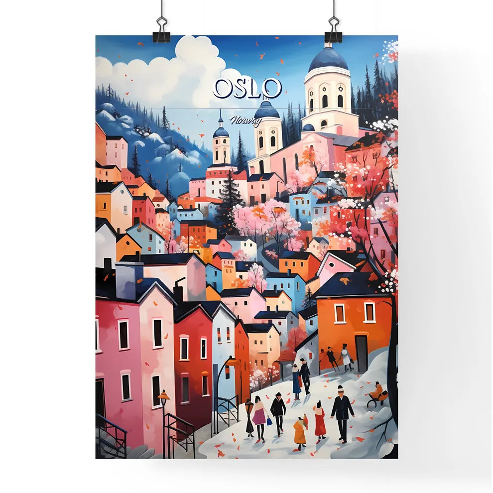 Oslo, Norway - Art print of a painting of a town with people walking on a snowy hill Poster