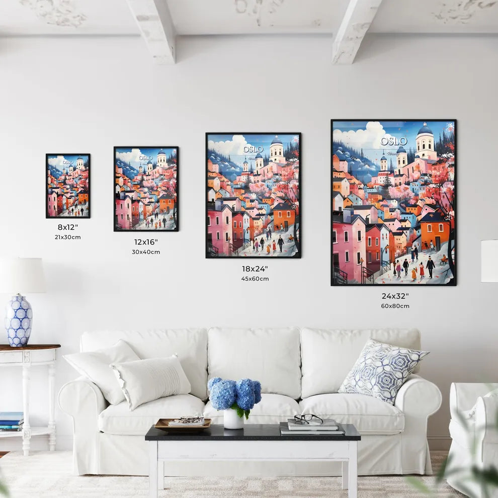 Oslo, Norway - Art print of a painting of a town with people walking on a snowy hill Size Chart
