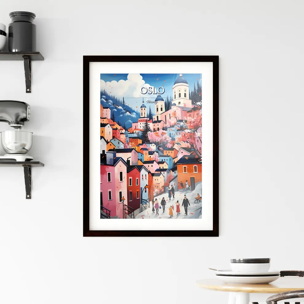Oslo, Norway - Art print of a painting of a town with people walking on a snowy hill Custom Print
