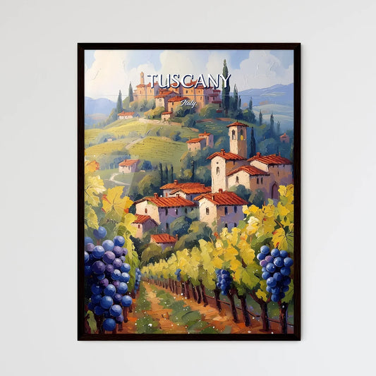 Tuscany, Italy - Art print of a painting of a town on a hill with grapes Framed Art