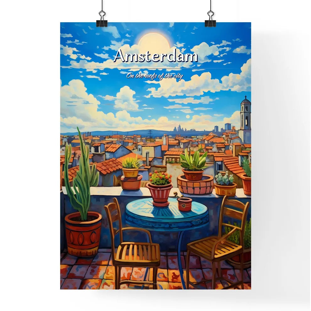 On the roofs of Amsterdam - Art print of a table and chairs on a rooftop with potted plants Poster