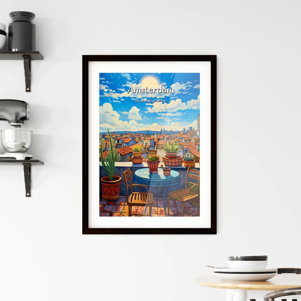 On the roofs of Amsterdam - Art print of a table and chairs on a rooftop with potted plants Custom Print