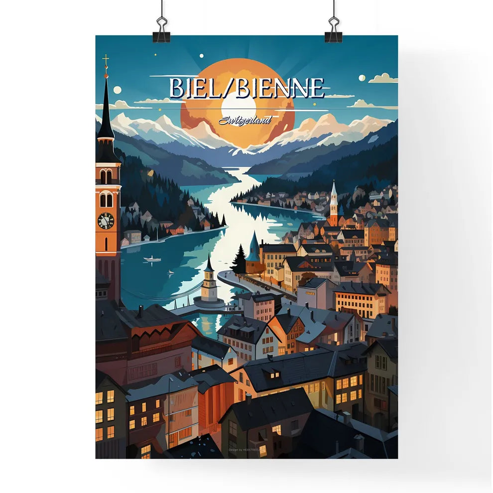 Biel/Bienne, Switzerland - Art print of a city with a river and mountains in the background Poster