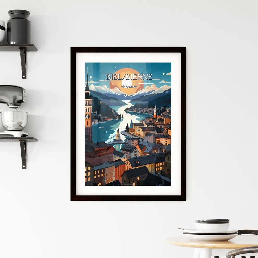 Biel/Bienne, Switzerland - Art print of a city with a river and mountains in the background Custom Print