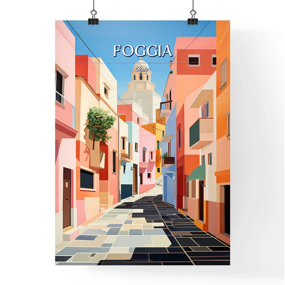 Foggia, Italy - Art print of a colorful street with buildings and a tower Poster