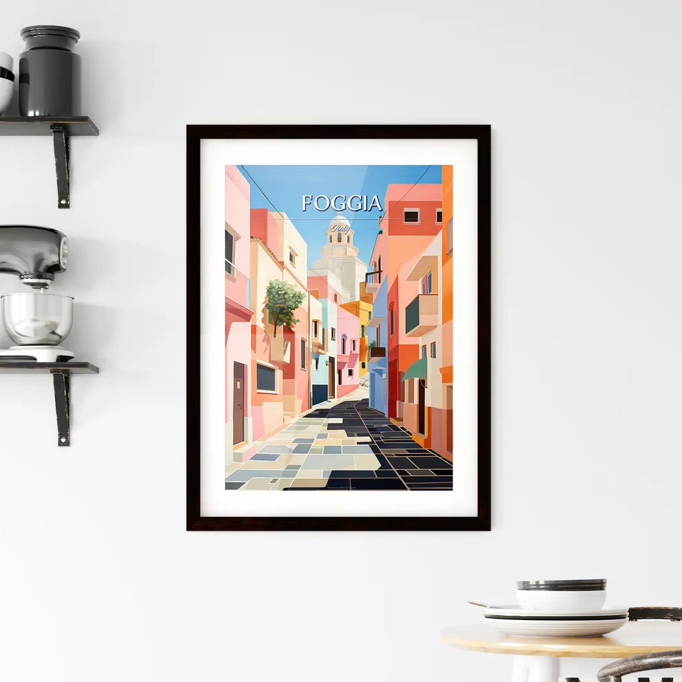 Foggia, Italy - Art print of a colorful street with buildings and a tower Custom Print