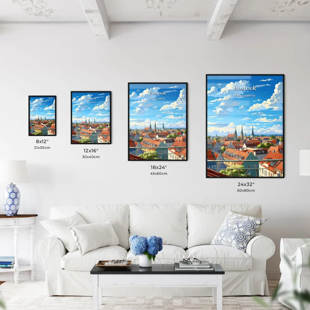 On the roofs of Rostock - Art print of a city with red roofs and blue sky Size Chart