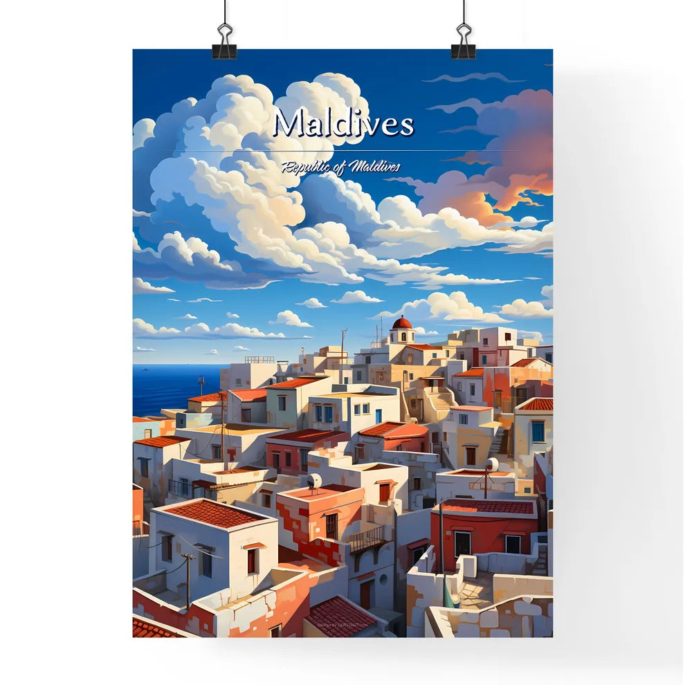 On the roofs of Maldives, Republic of Maldives - Art print of a group of buildings with red roofs and blue sky with clouds Poster