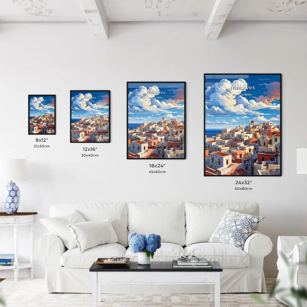 On the roofs of Maldives, Republic of Maldives - Art print of a group of buildings with red roofs and blue sky with clouds Size Chart