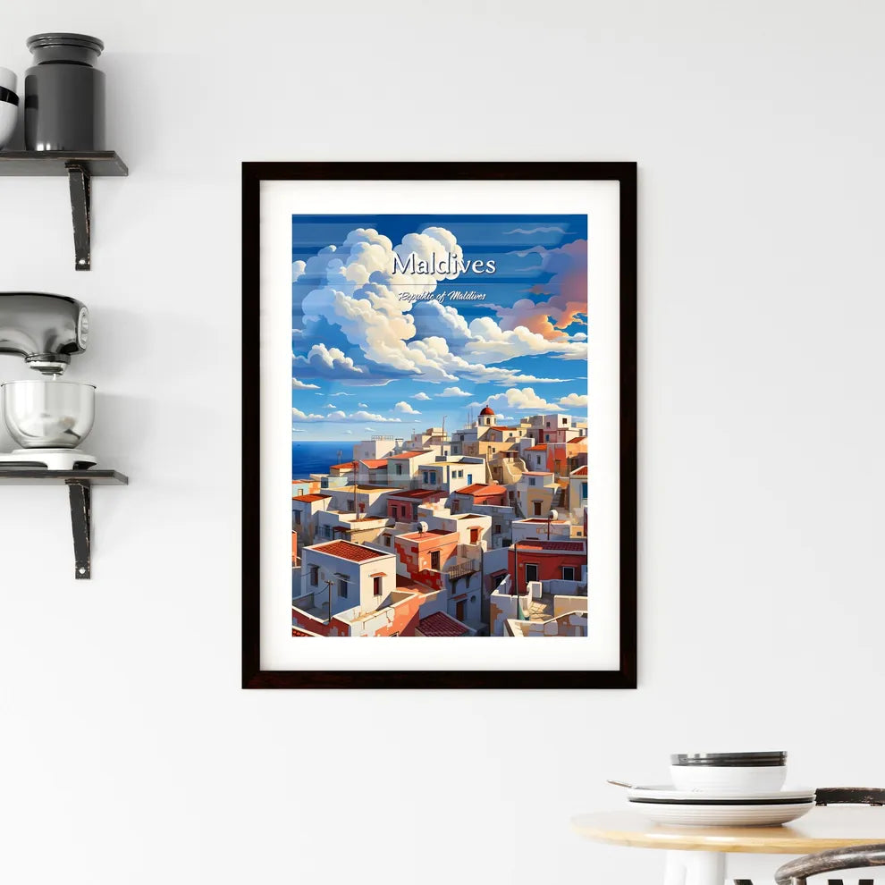 On the roofs of Maldives, Republic of Maldives - Art print of a group of buildings with red roofs and blue sky with clouds Custom Print