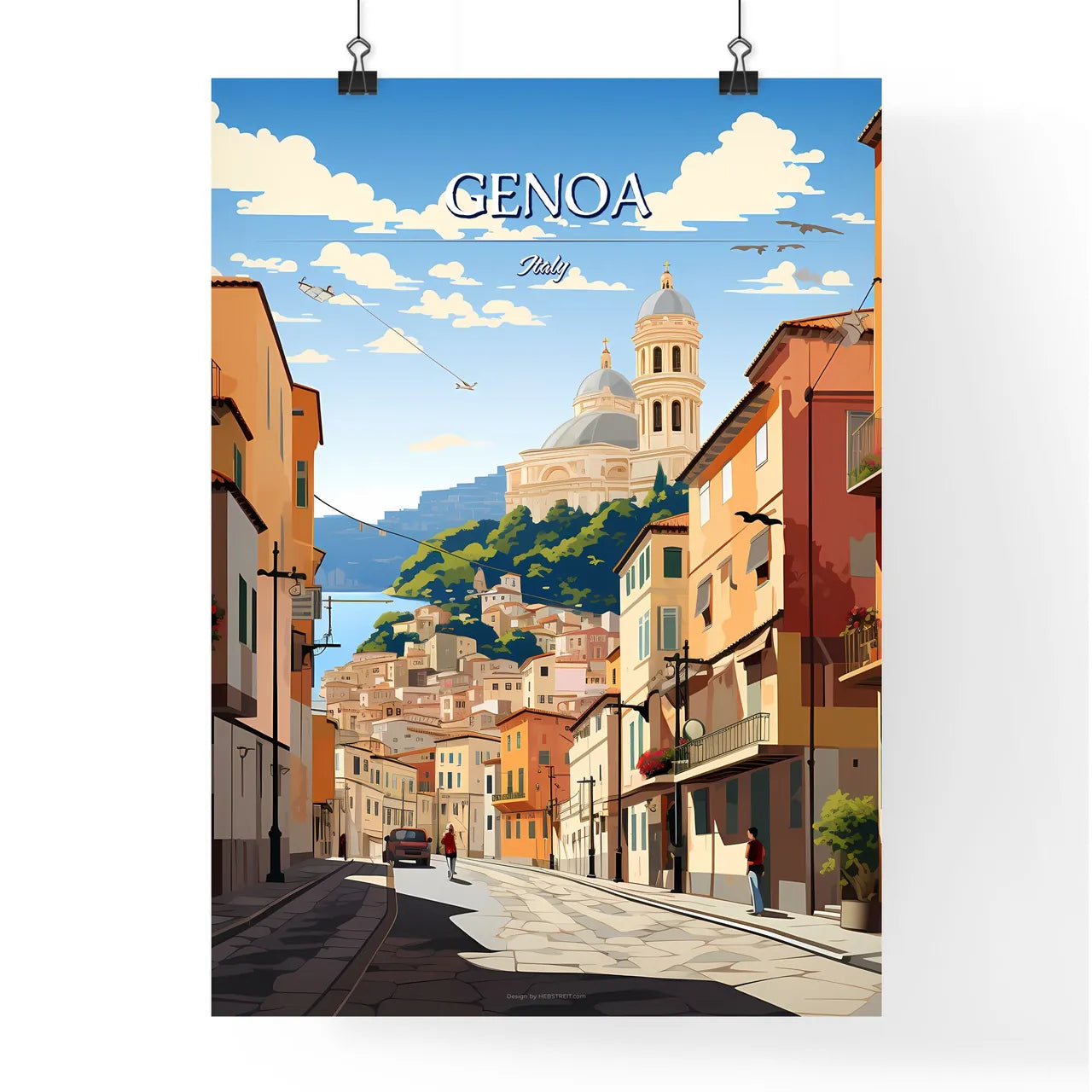 Genoa, Italy - Art print of a street with buildings and a church in the background Poster