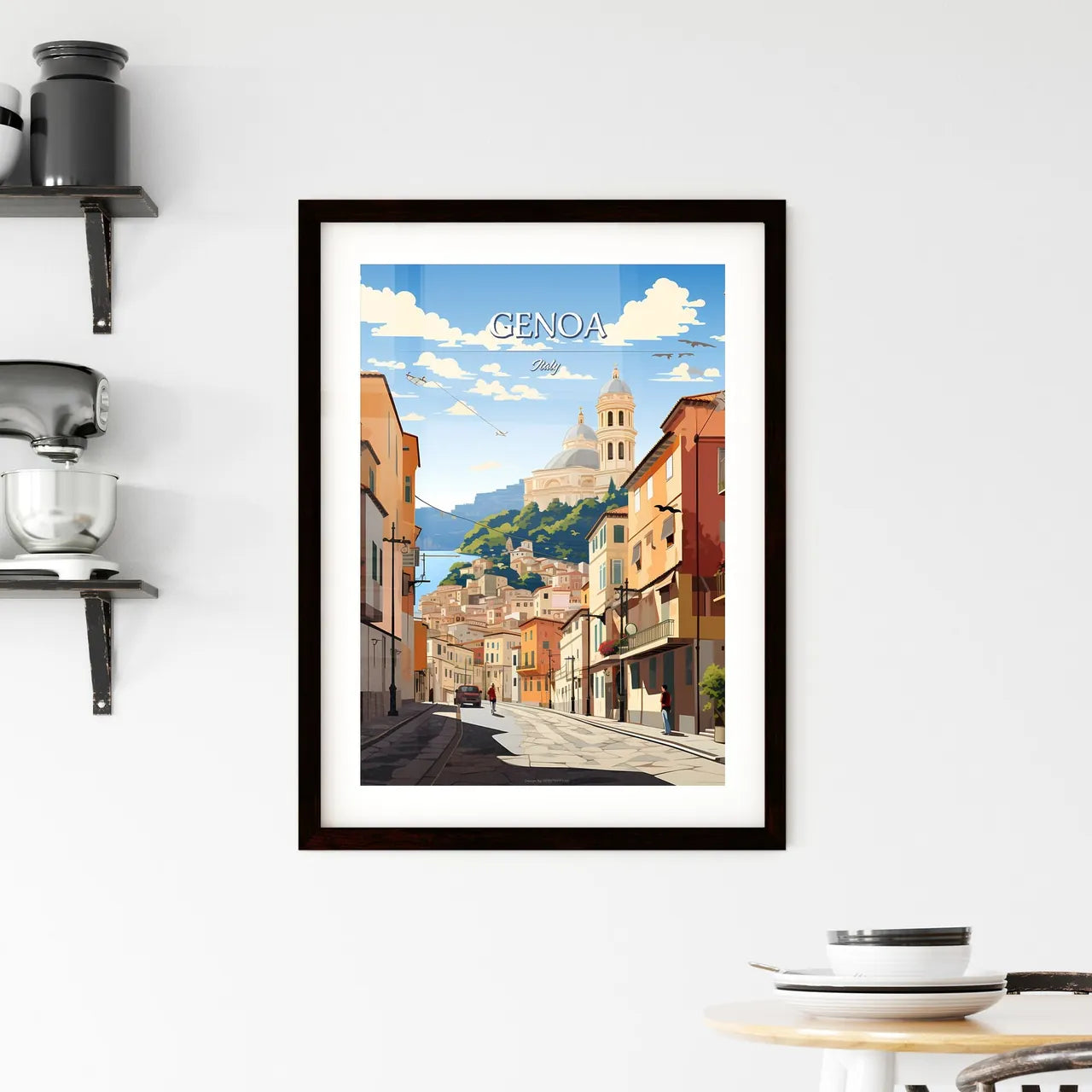 Genoa, Italy - Art print of a street with buildings and a church in the background Custom Print