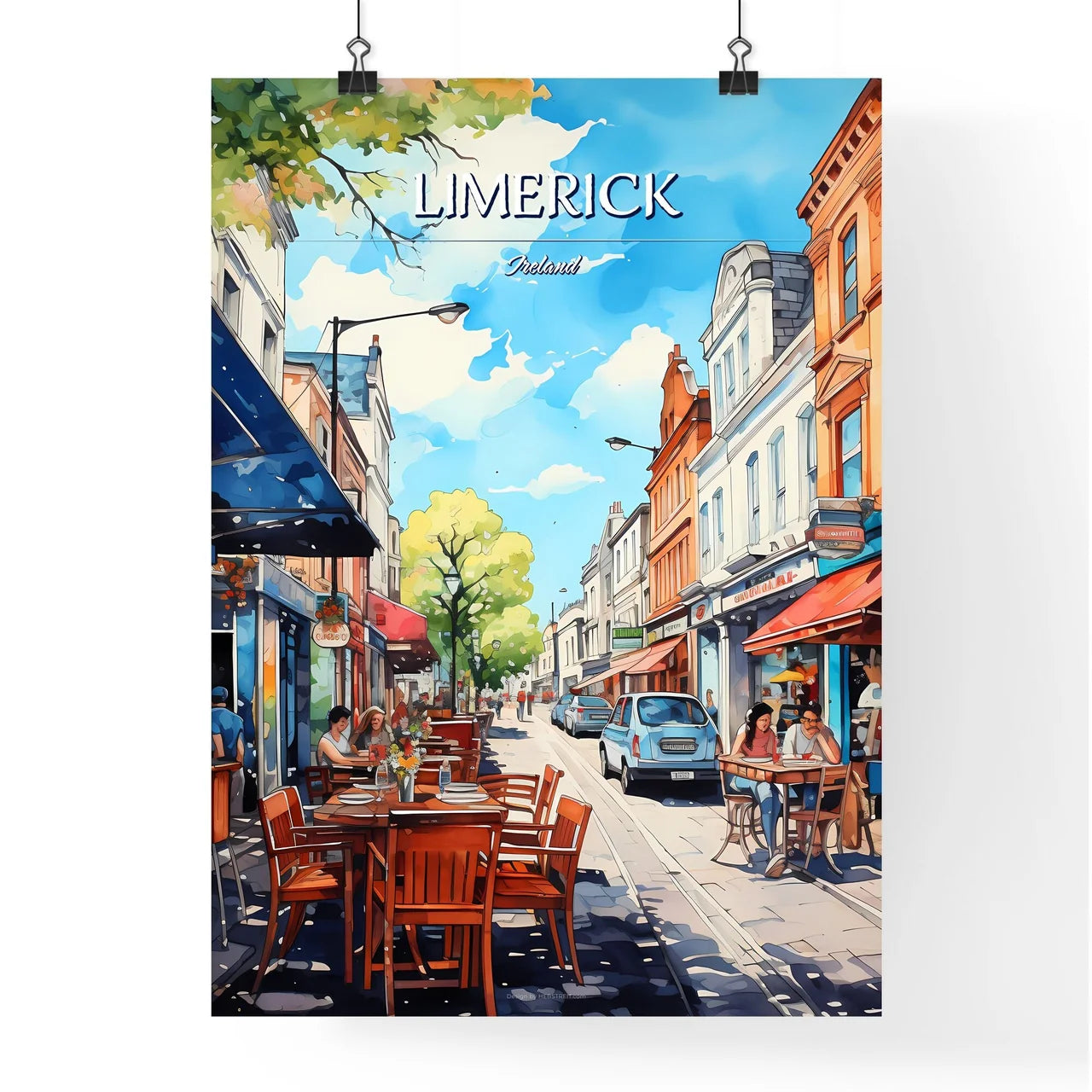 Limerick, Ireland - Art print of a street with tables and chairs on it Poster