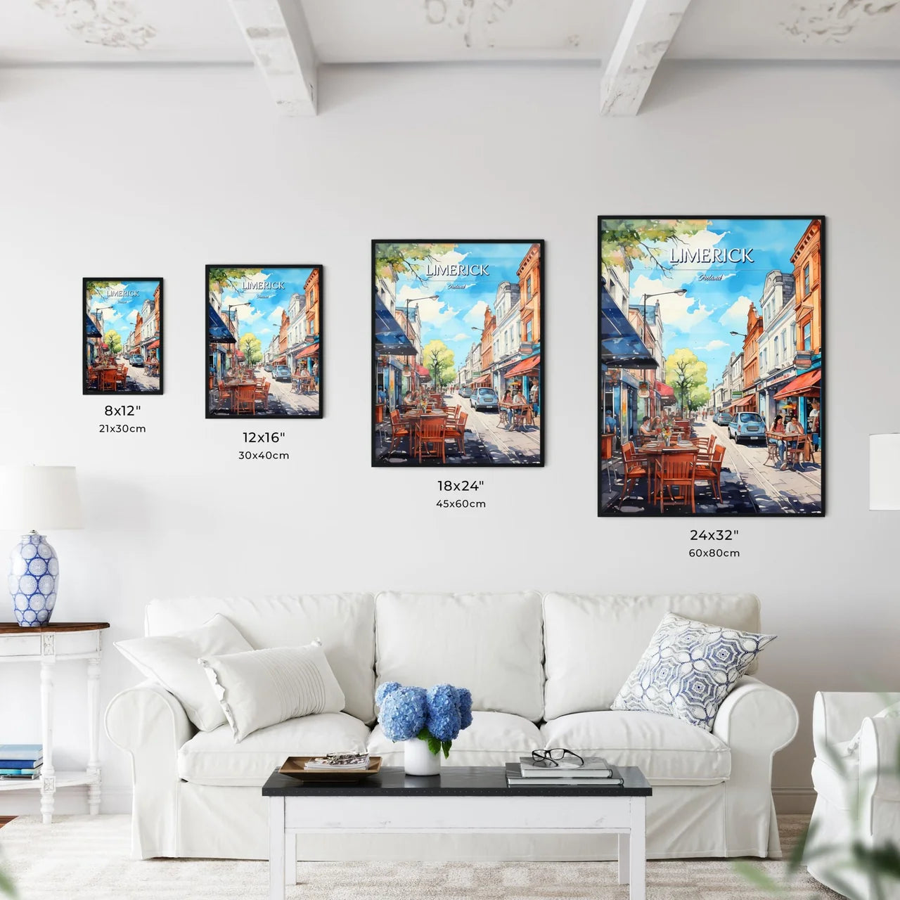 Limerick, Ireland - Art print of a street with tables and chairs on it Size Chart