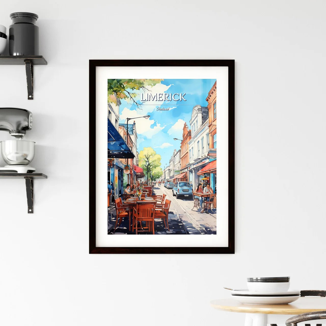 Limerick, Ireland - Art print of a street with tables and chairs on it Custom Print