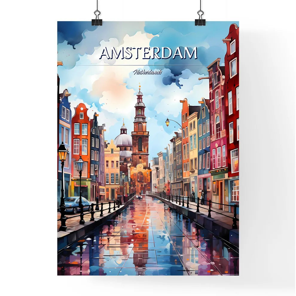 Amsterdam, Netherlands - Art print of a watercolor painting of a street with buildings and a church Poster