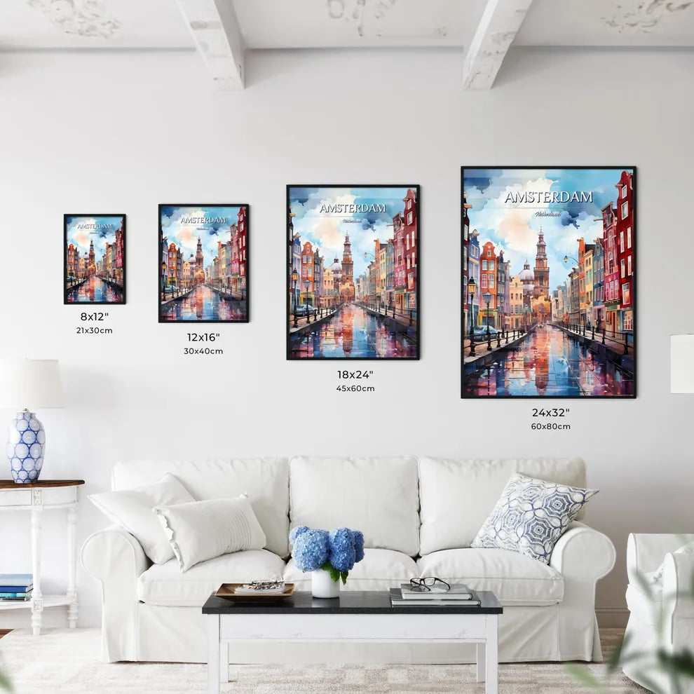 Amsterdam, Netherlands - Art print of a watercolor painting of a street with buildings and a church Size Chart