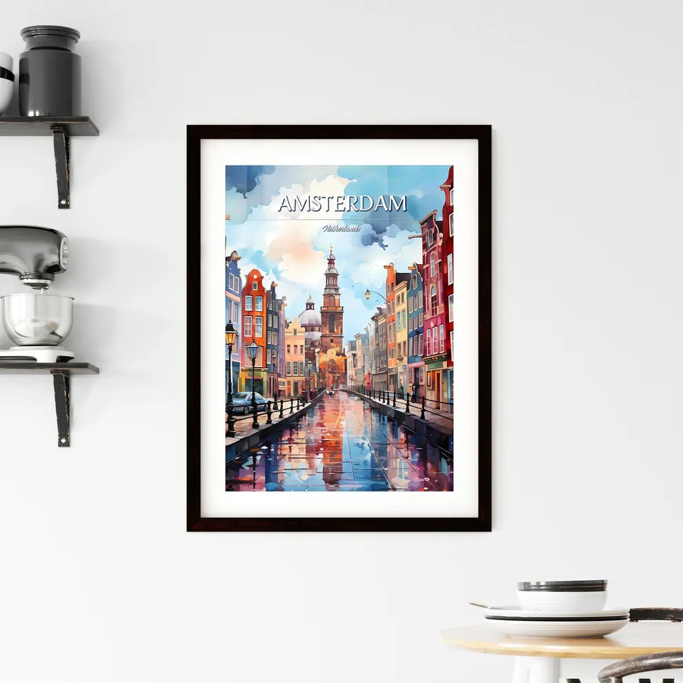 Amsterdam, Netherlands - Art print of a watercolor painting of a street with buildings and a church Custom Print