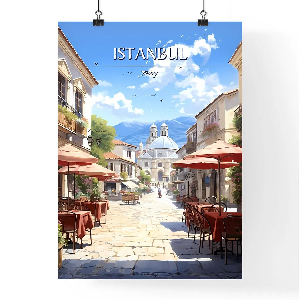 Istanbul, Turkey - Art print of a street with tables and umbrellas in a town Poster
