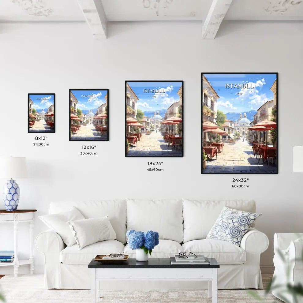 Istanbul, Turkey - Art print of a street with tables and umbrellas in a town Size Chart