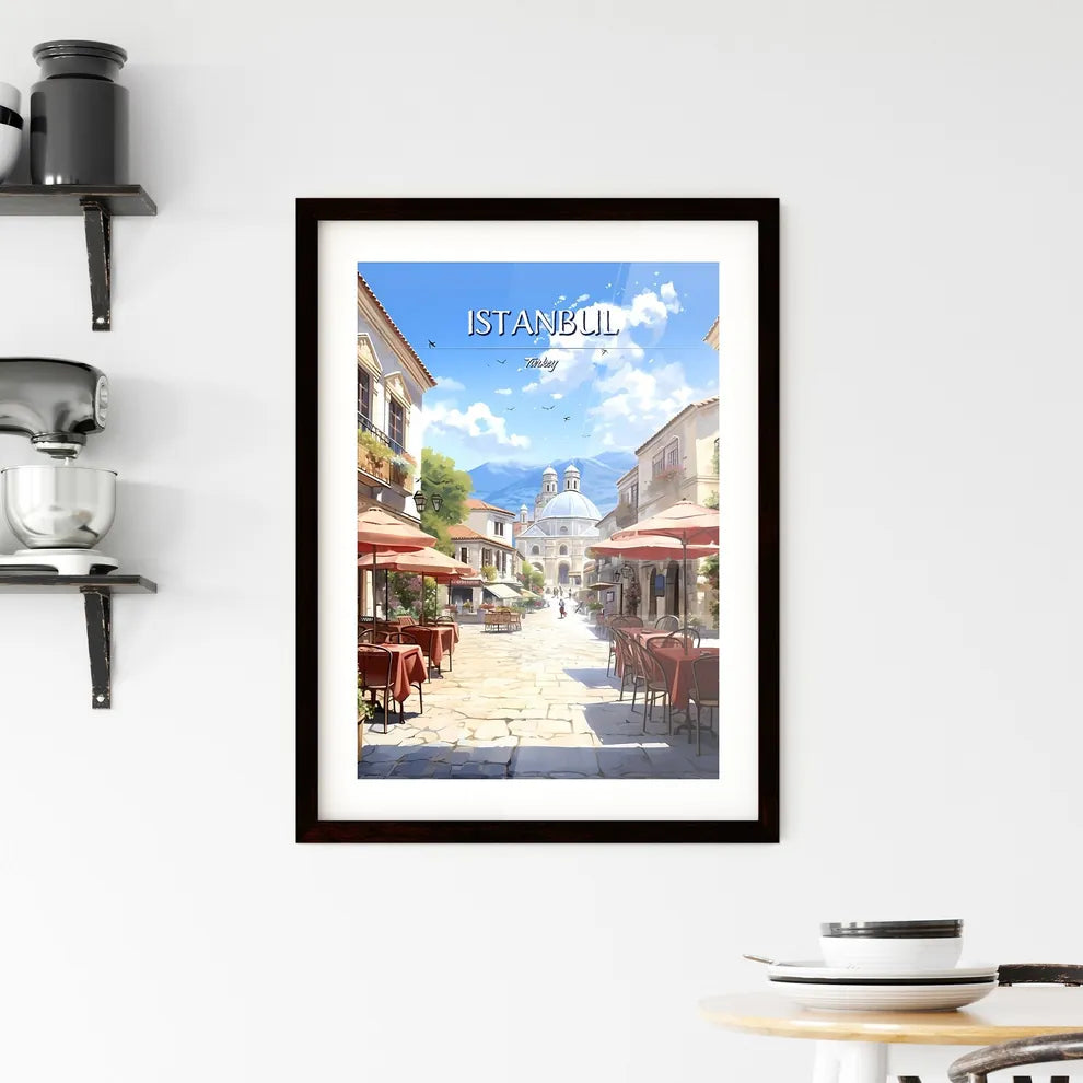 Istanbul, Turkey - Art print of a street with tables and umbrellas in a town Custom Print
