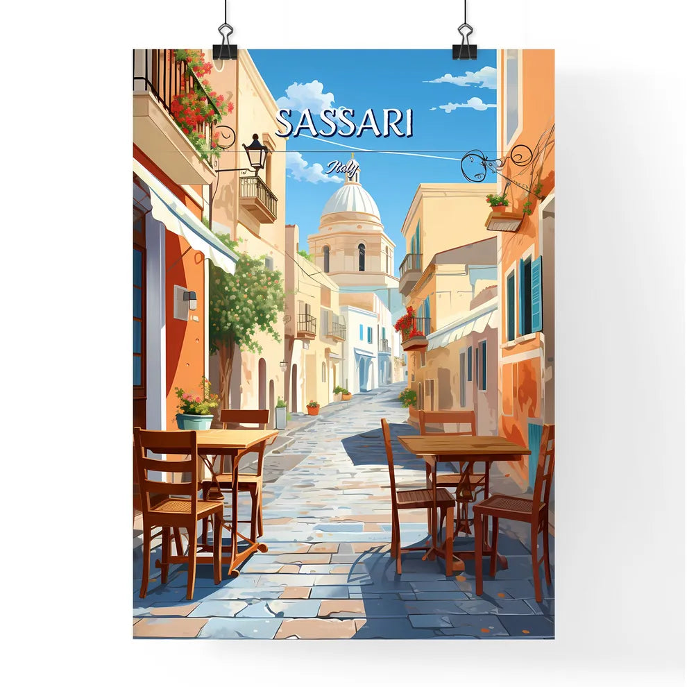 Sassari, Italy - Art print of a street with tables and chairs Poster