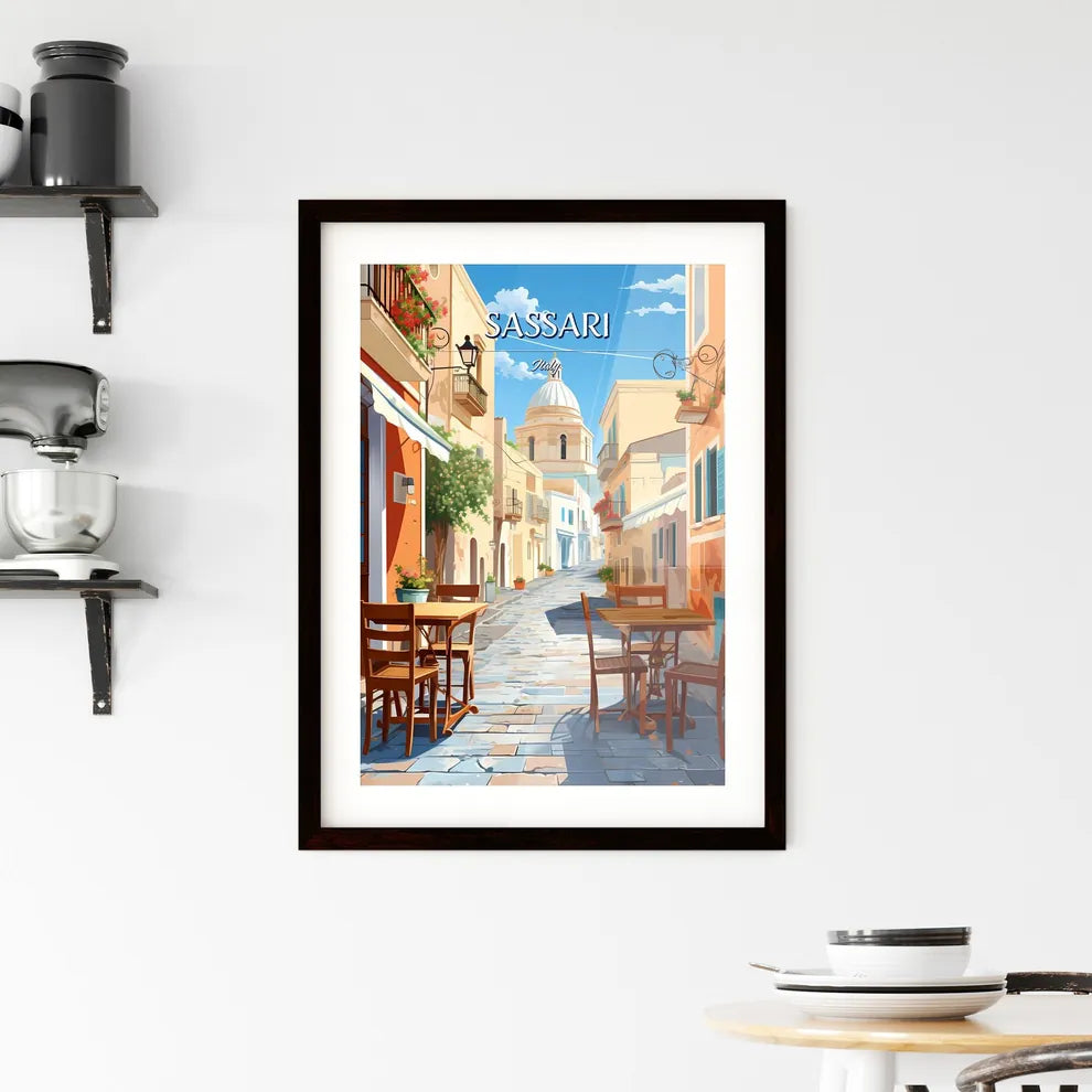 Sassari, Italy - Art print of a street with tables and chairs Custom Print