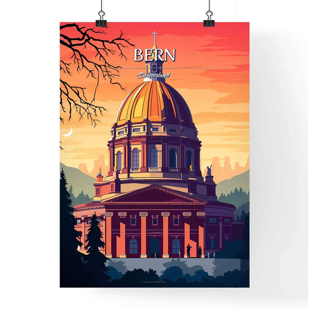Bern, Switzerland - Art print of a building with a dome and trees Poster