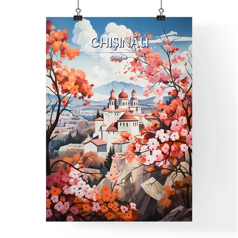 Chișinău, Moldova - Art print of a painting of a castle with red and pink flowers Poster