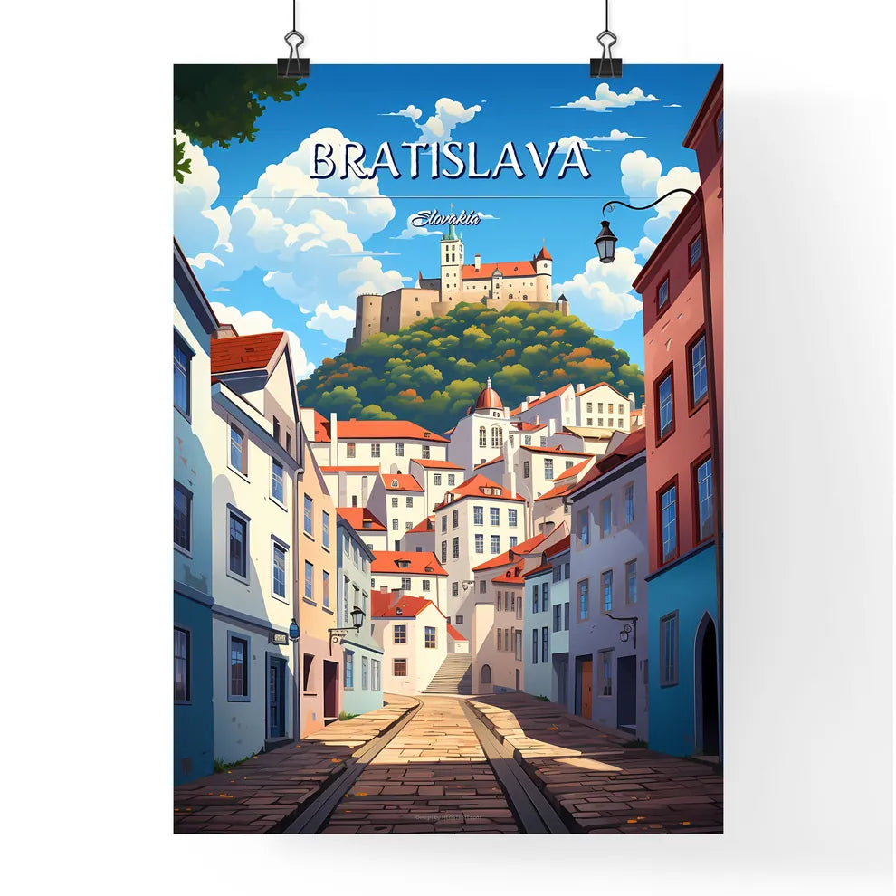 Bratislava, Slovakia - Art print of a street with buildings and a castle on top Poster