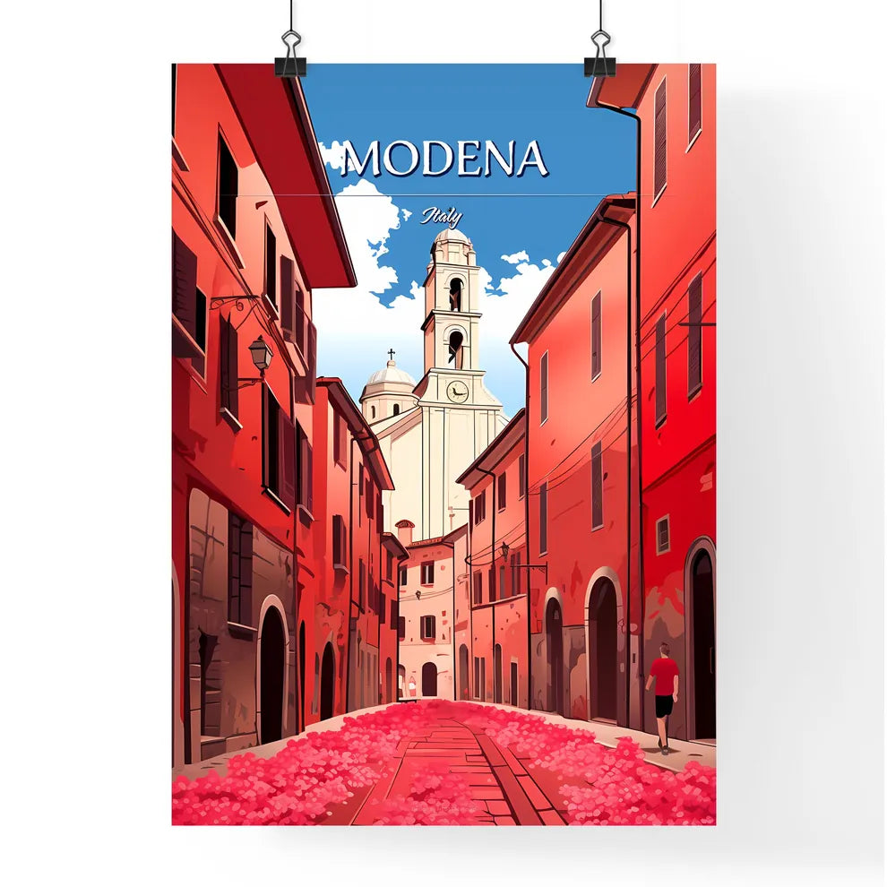 Modena, Italy - Art print of a person walking down a street with a church in the background Poster