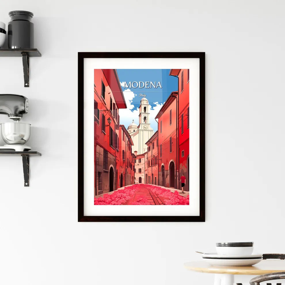 Modena, Italy - Art print of a person walking down a street with a church in the background Custom Print