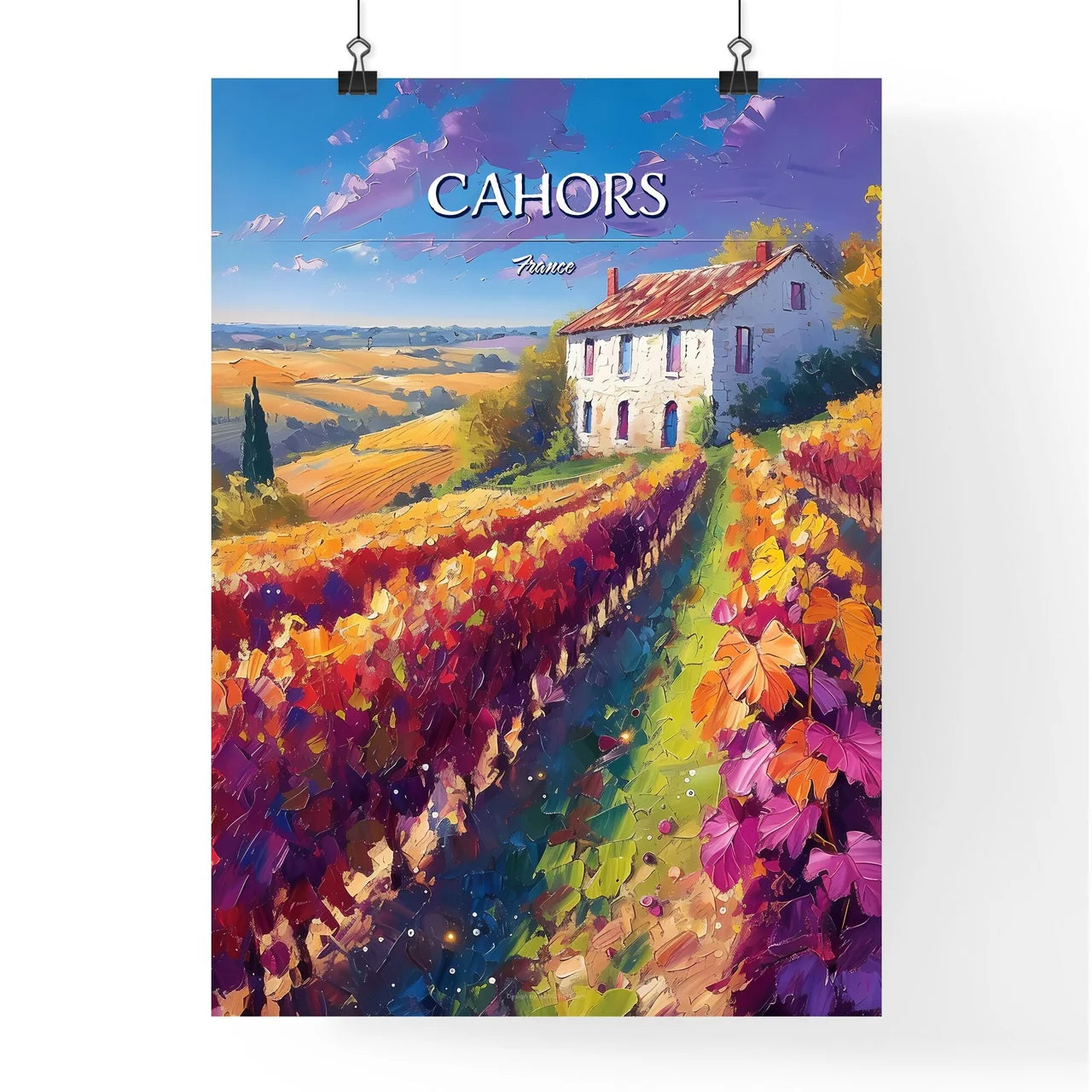 Cahors, France - Art print of a painting of a house in a vineyard Poster