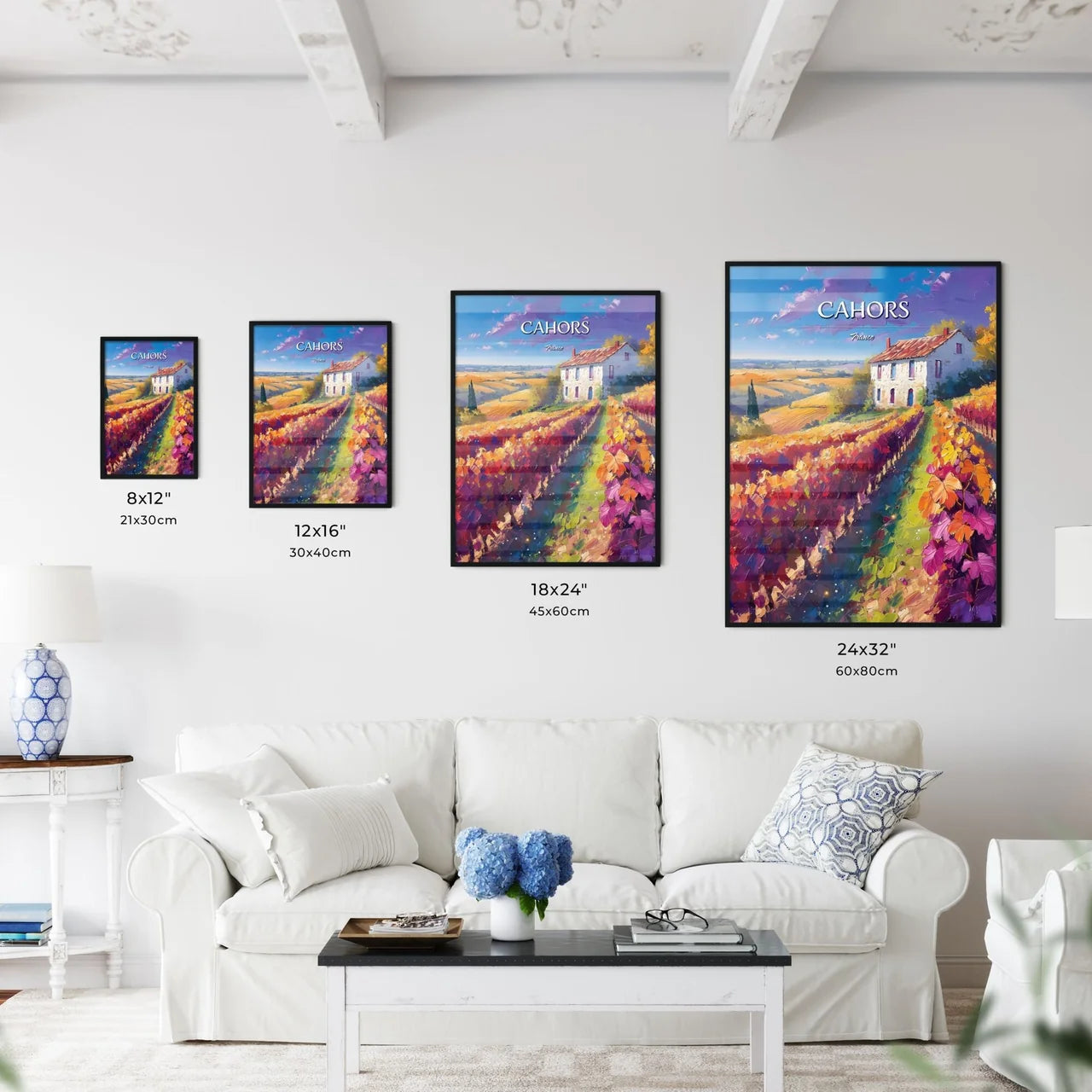 Cahors, France - Art print of a painting of a house in a vineyard Size Chart