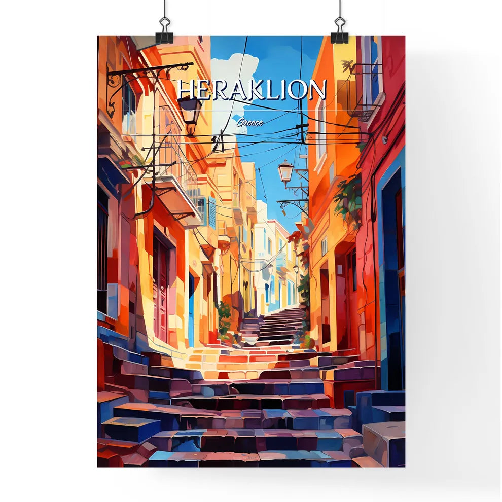 Heraklion, Greece - Art print of a colorful alley with stairs and buildings Poster