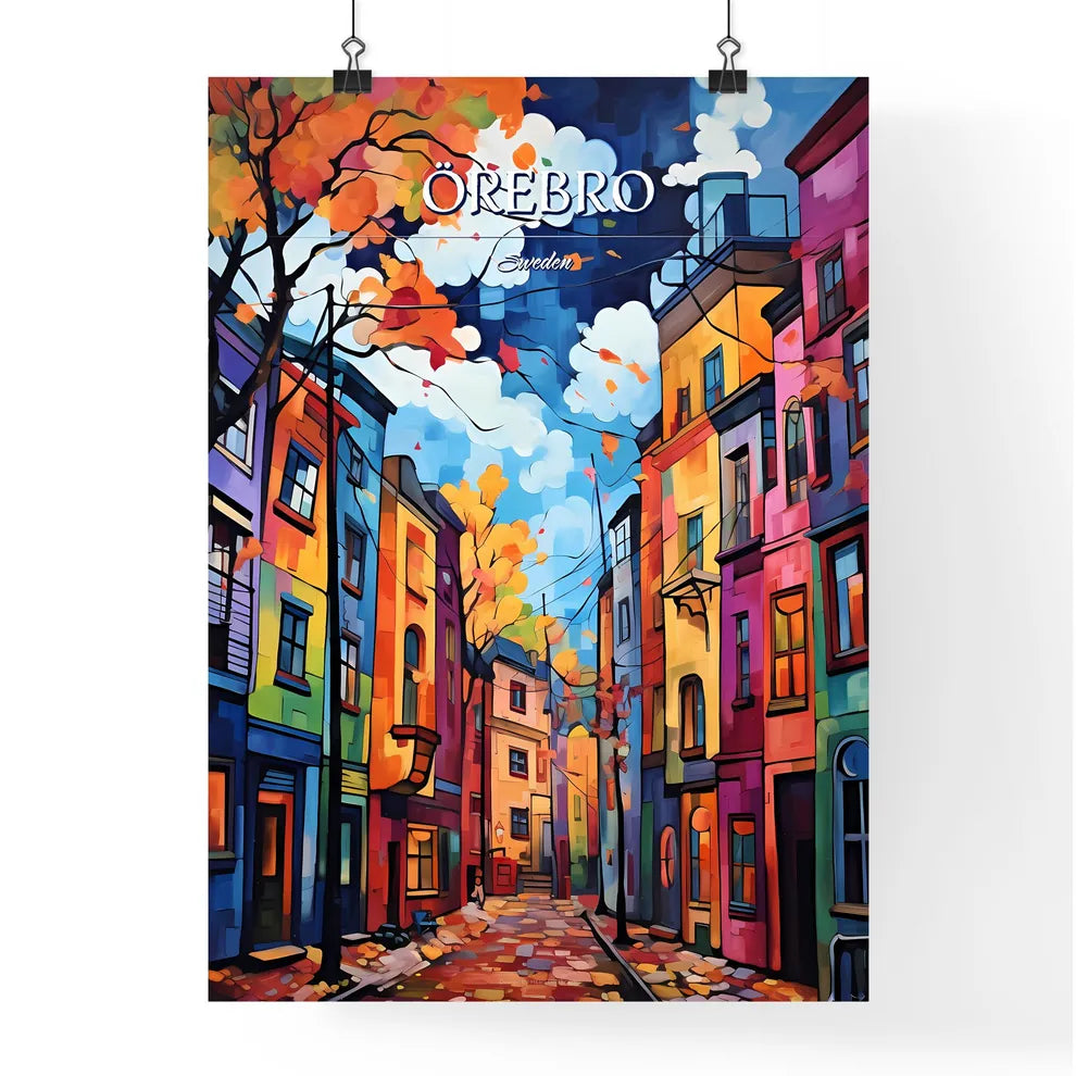 Örebro, Sweden, - Art print of a painting of a street with colorful buildings Poster