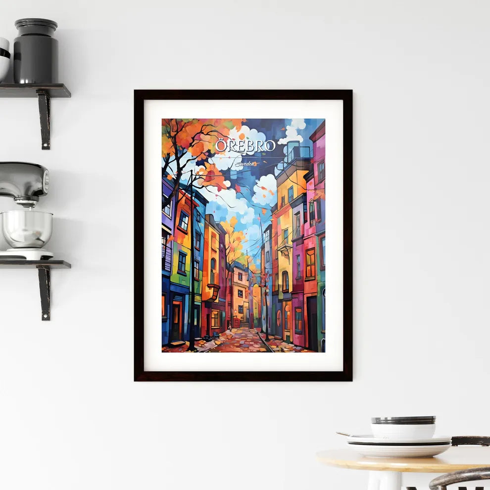 Örebro, Sweden, - Art print of a painting of a street with colorful buildings Custom Print