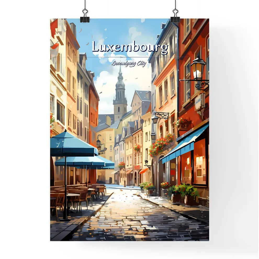 Luxembourg City, Luxembourg - Art print of a street with tables and umbrellas Poster