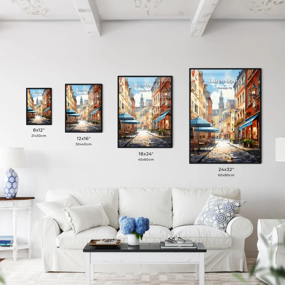 Luxembourg City, Luxembourg - Art print of a street with tables and umbrellas Size Chart