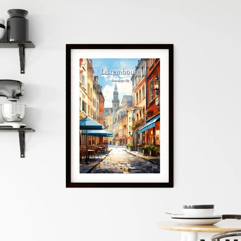 Luxembourg City, Luxembourg - Art print of a street with tables and umbrellas Custom Print