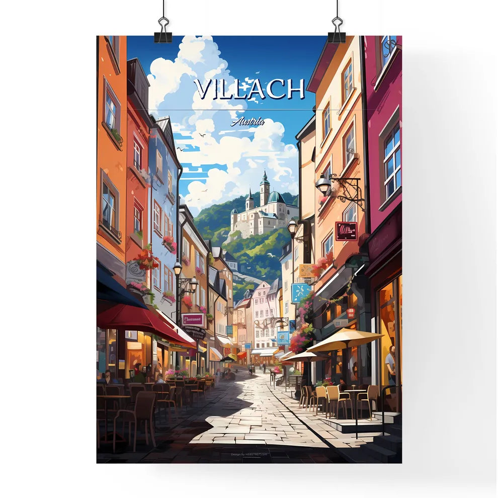 Villach, Austria - Art print of a street with tables and chairs in a city Poster