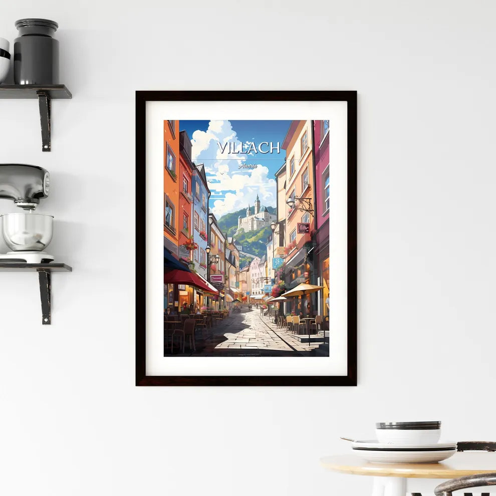 Villach, Austria - Art print of a street with tables and chairs in a city Custom Print
