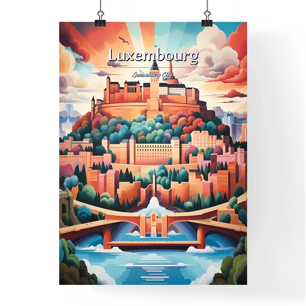 Luxembourg City, Luxembourg - Art print of a painting of a castle on a hill with a bridge and trees Poster