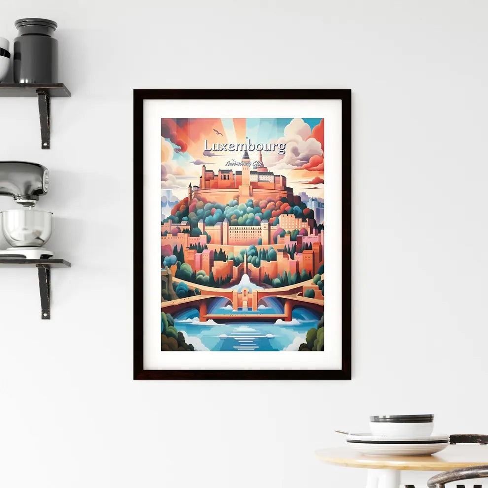Luxembourg City, Luxembourg - Art print of a painting of a castle on a hill with a bridge and trees Custom Print