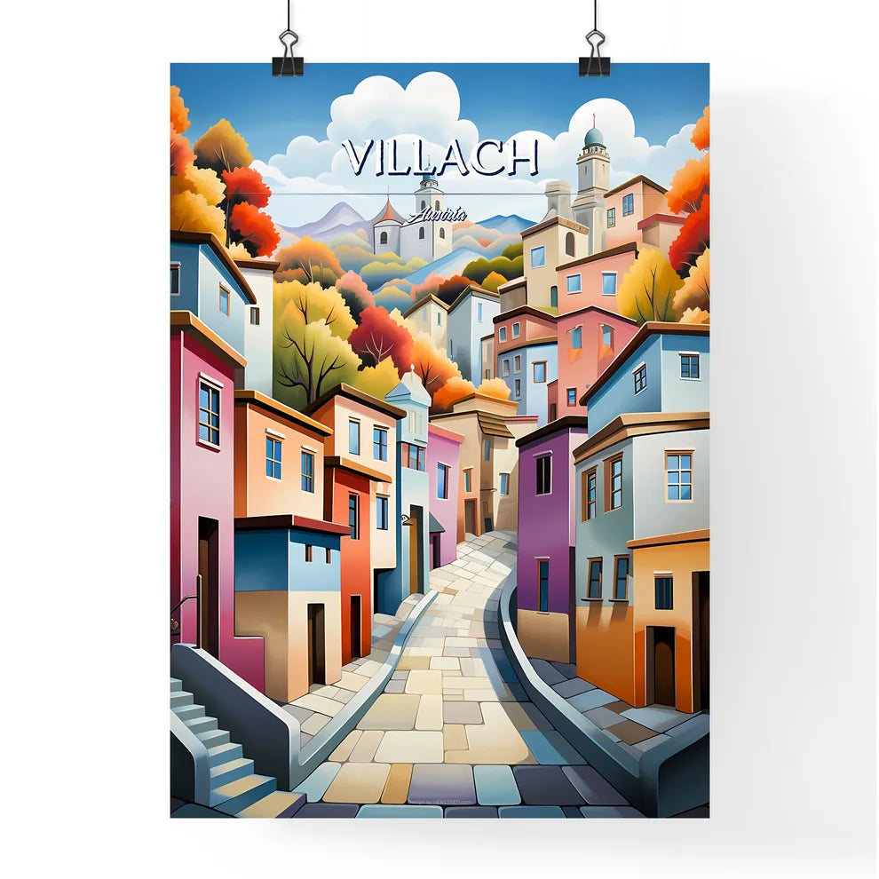 Villach, Austria - Art print of a colorful cityscape with trees and buildings Poster
