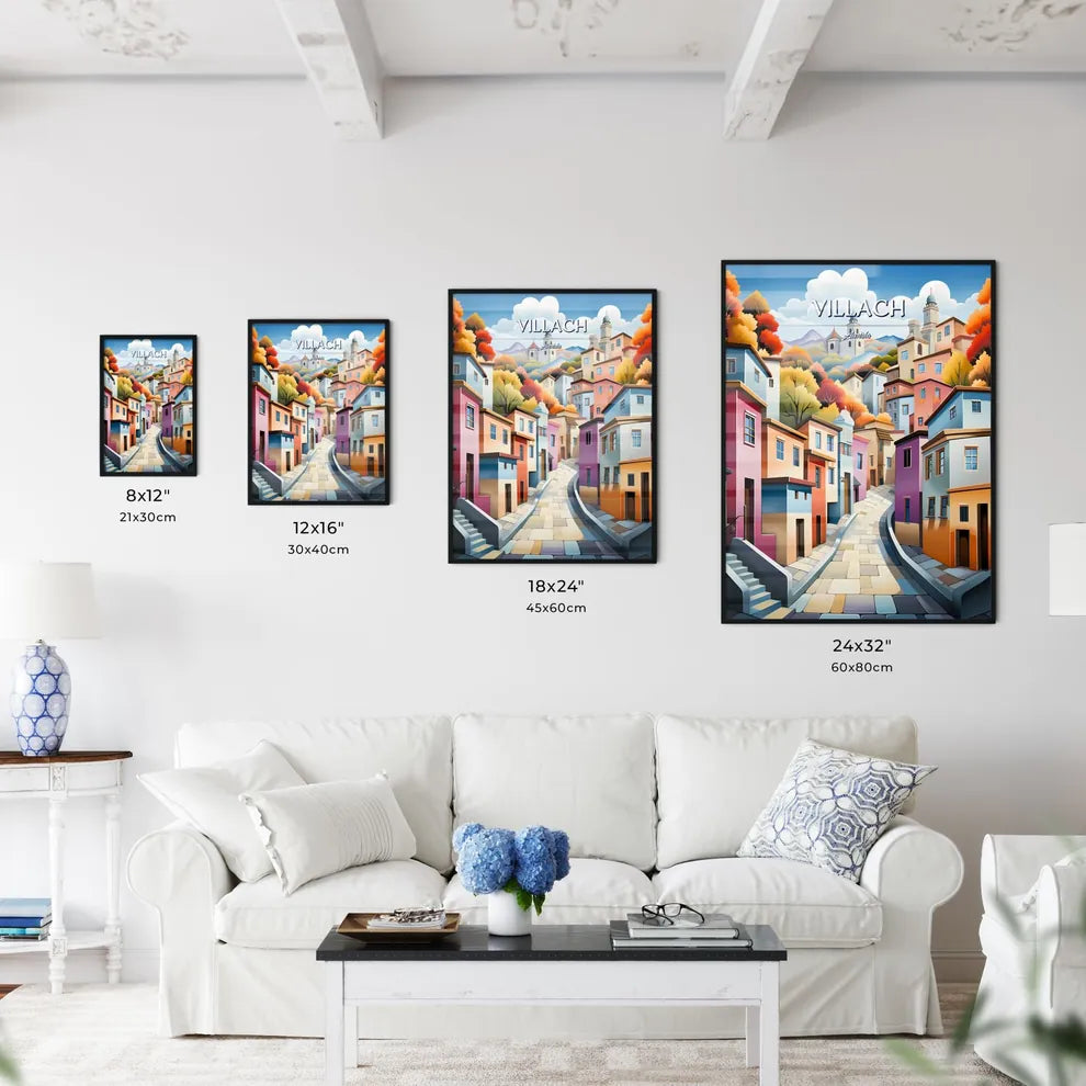Villach, Austria - Art print of a colorful cityscape with trees and buildings Size Chart