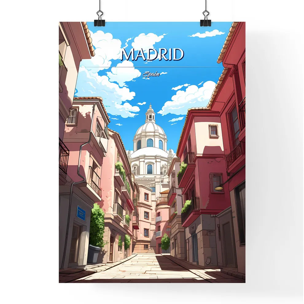 Madrid, Spain - Art print of a street with buildings and a dome Poster