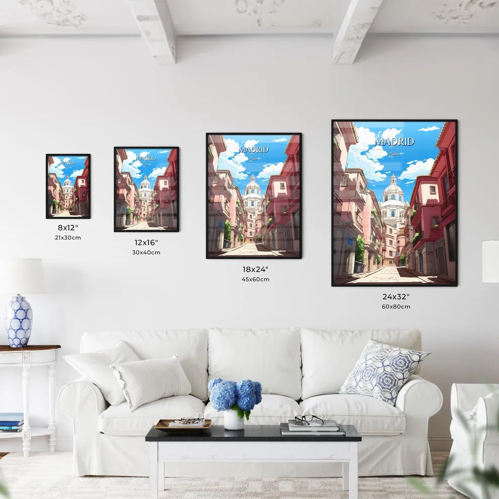 Madrid, Spain - Art print of a street with buildings and a dome Size Chart